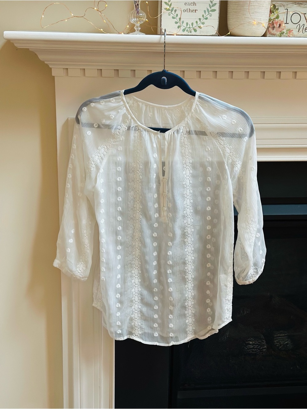 Women’s White Embroidered Peasant Blouse - Lightweight 3/4 Sleeve